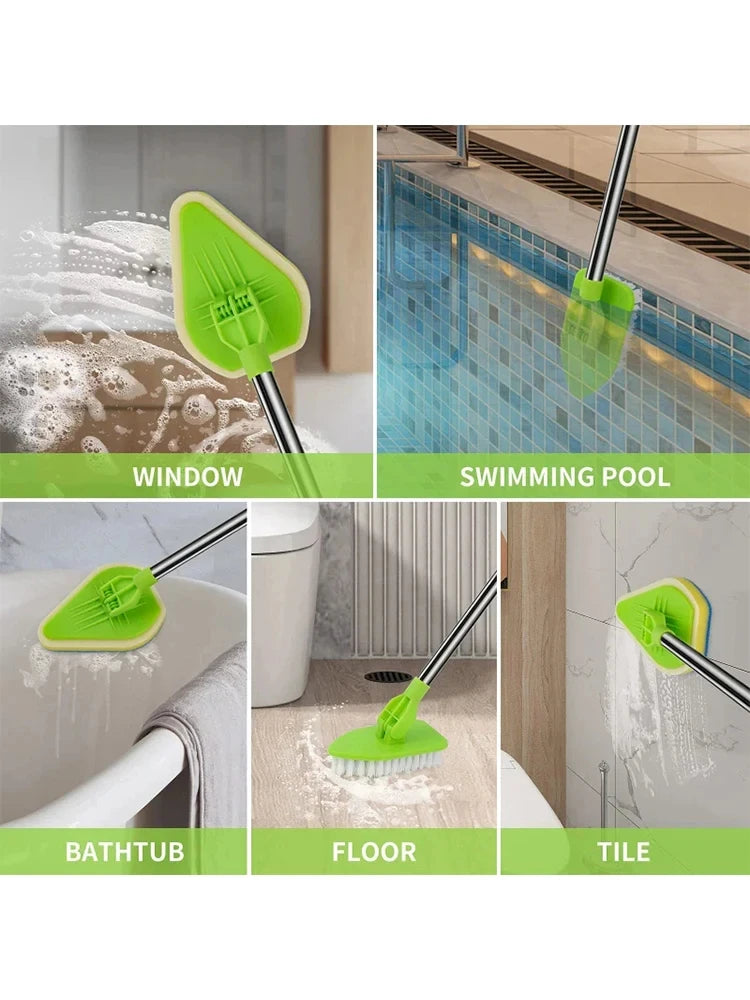 A set of bright green retractable triangular floor brushes used for cleaning windows, swimming pools, bathtubs, floors, and t