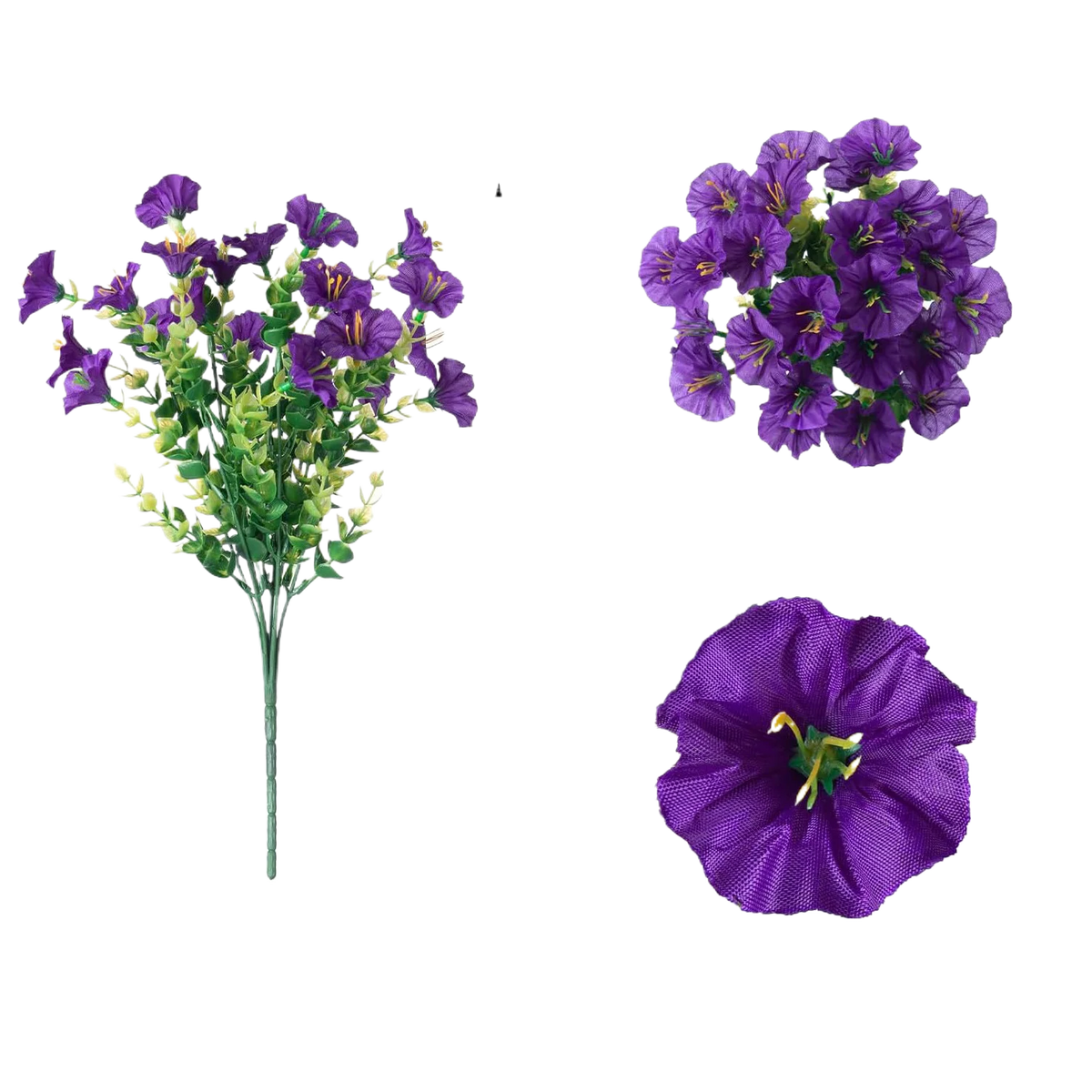A bouquet of purple silk faux flowers with green foliage, shown in full bloom and individual flower detail.