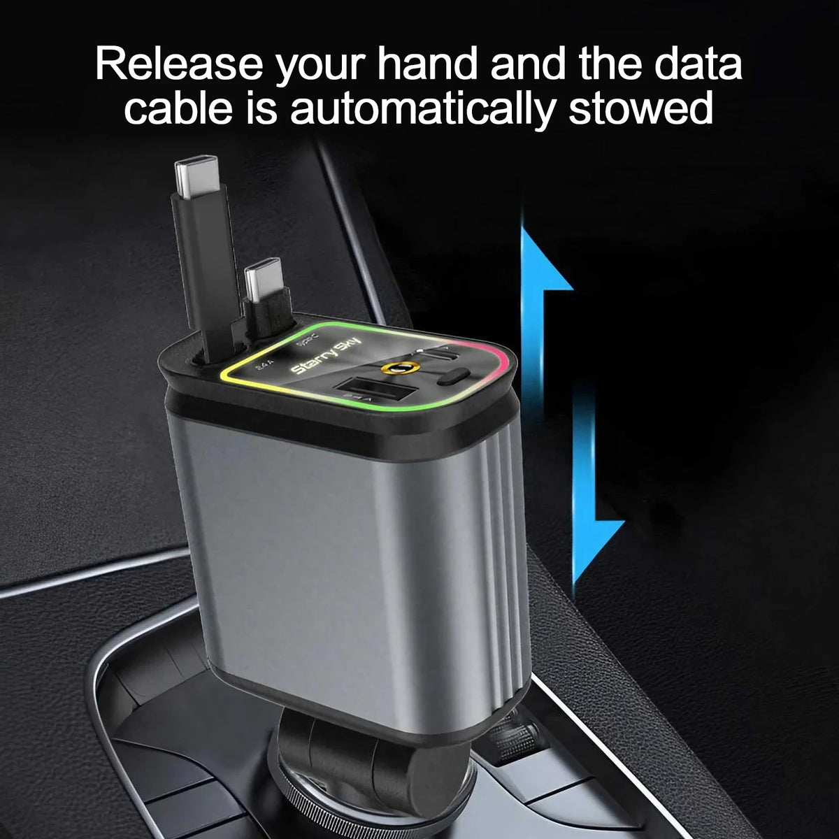 Cargador de coche retráctil USB-C plateado, mostrando cómo se libera y guarda automáticamente el cable de datos.