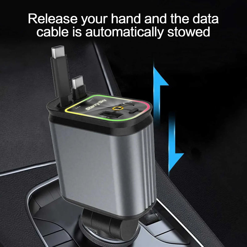Einziehbarer Dual USB-C Auto-Ladegerät mit Spannungsanzeige