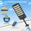 A black high-efficiency solar panel with multiple LED lamp beads and a lithium-ion battery mounted on a stand.