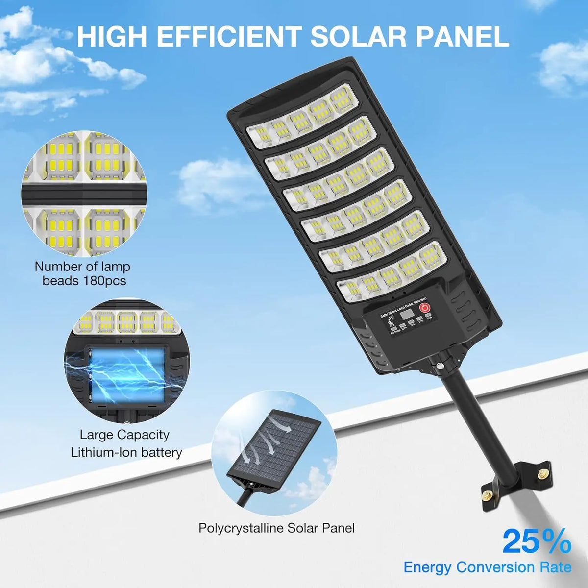 A black high-efficiency solar panel with multiple LED lamp beads and a lithium-ion battery mounted on a stand.