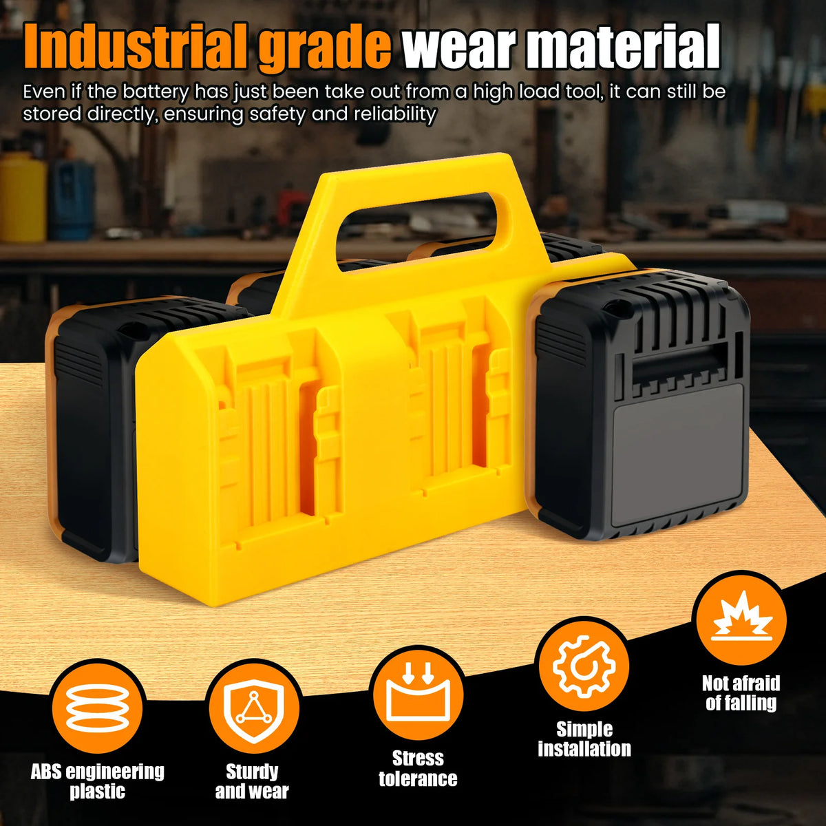 Yellow industrial grade wear material battery storage organizer for power tool batteries