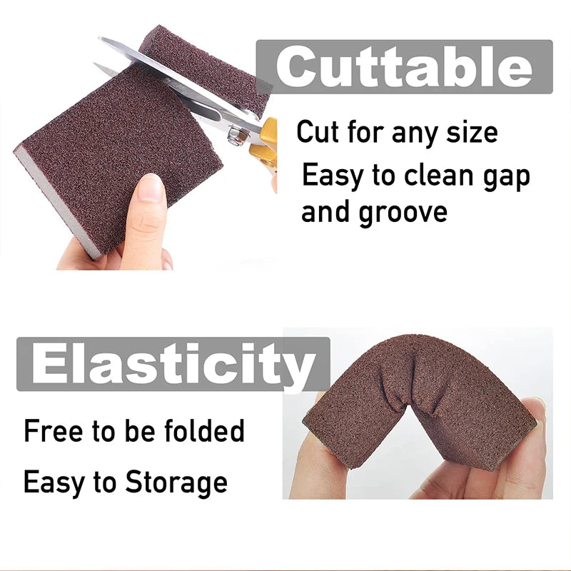 A brown heavy-duty emery sponge is shown being cut and folded to demonstrate its cuttable and elastic properties.