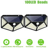Pair of 100LED solar powered motion sensor wall lights with IP65 waterproof rating and sensing range.
