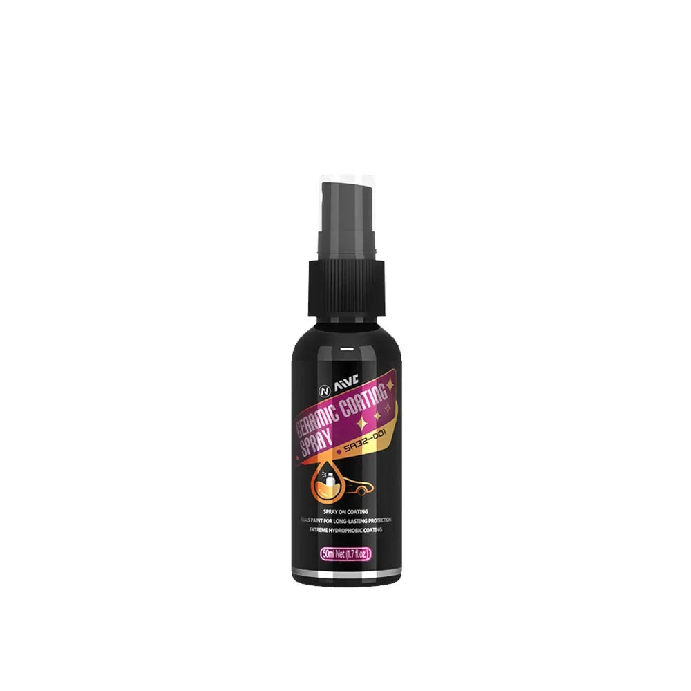 A bottle of Nano Ceramic Car Coating Spray with a black dispenser top.
