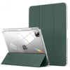 A dark green slim protective case for an iPad, shown open with the device inside.