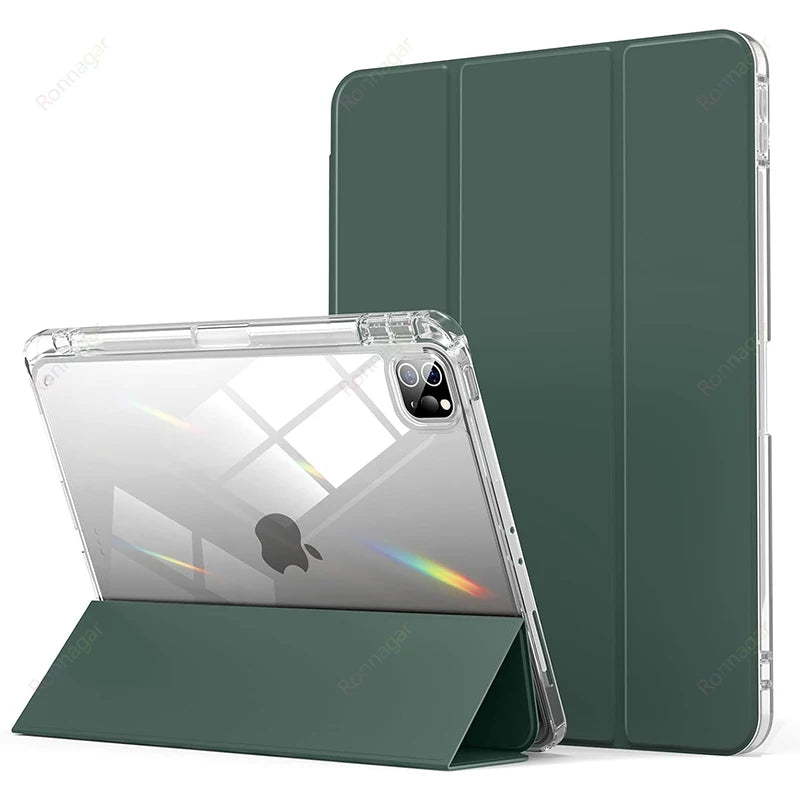 A dark green slim protective case for an iPad, shown open with the device inside.