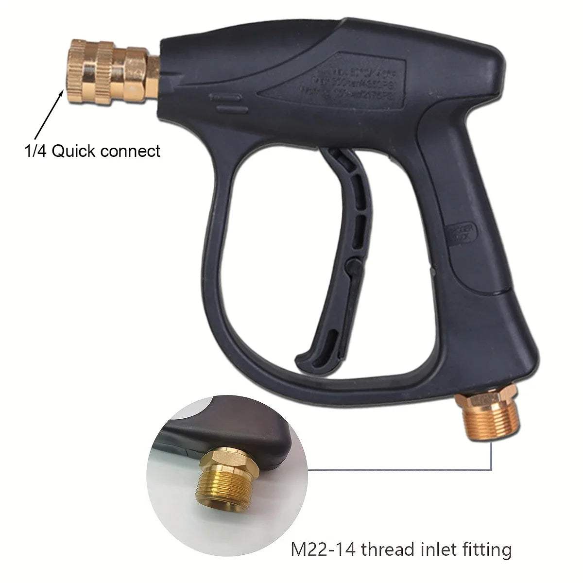 Black high pressure washer gun with a 1/4 quick connect and an M22-14 thread inlet fitting.