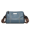 A blue-gray vintage genuine leather women's shoulder bag with brown trim and stitching.