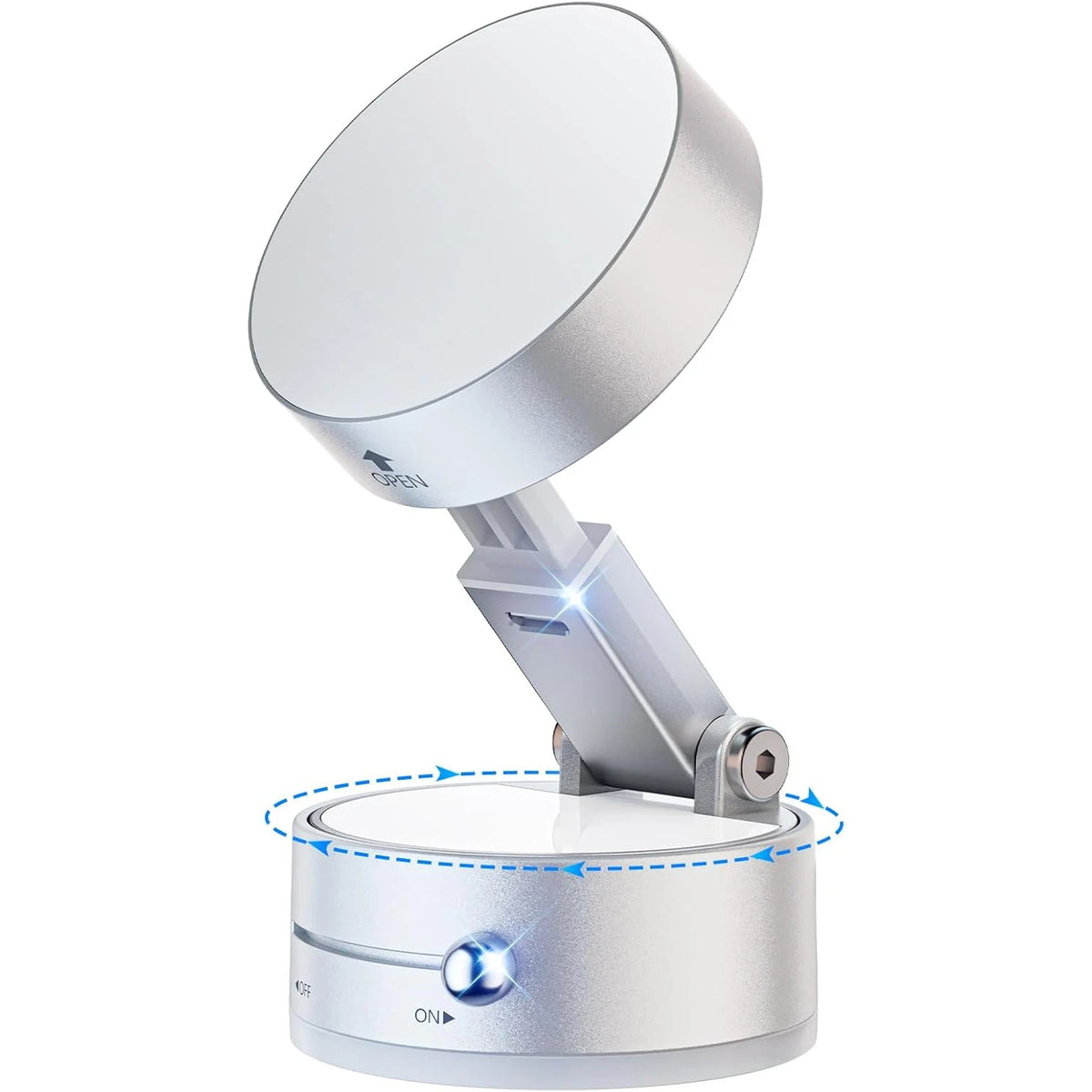 A silver 360 degree magnetic car phone mount with a suction cup holder is shown.