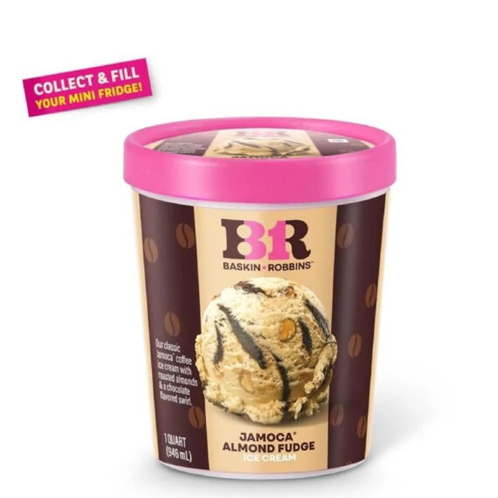 A pink container of Jamaican almond fudge ice cream with a straw, labeled BRaskin Robbins.