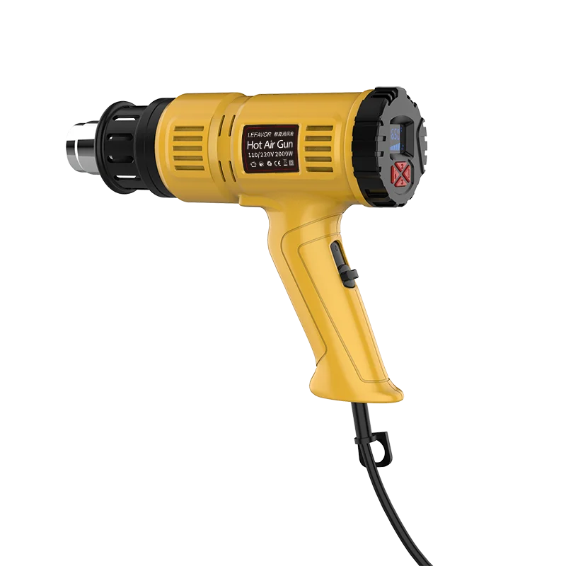 Yellow heat gun with a cord and nozzle attachment against a black background.
