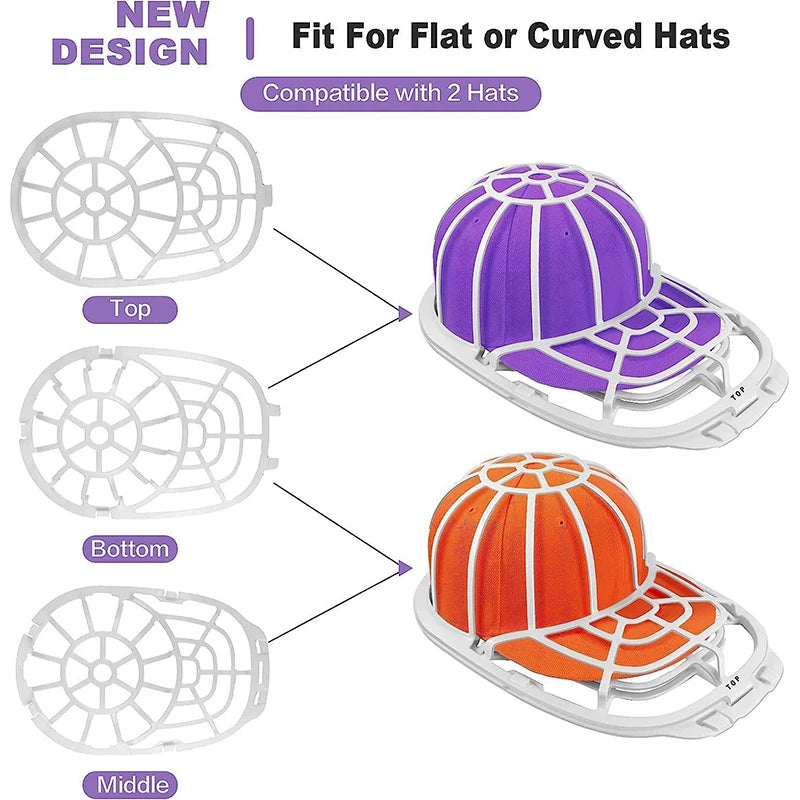 A set of white and colored plastic cages designed to fit flat or curved hats for protection.