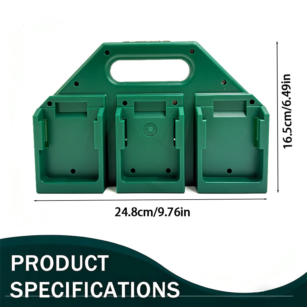 A green battery storage case with three compartments and a carry handle, shown from the top.