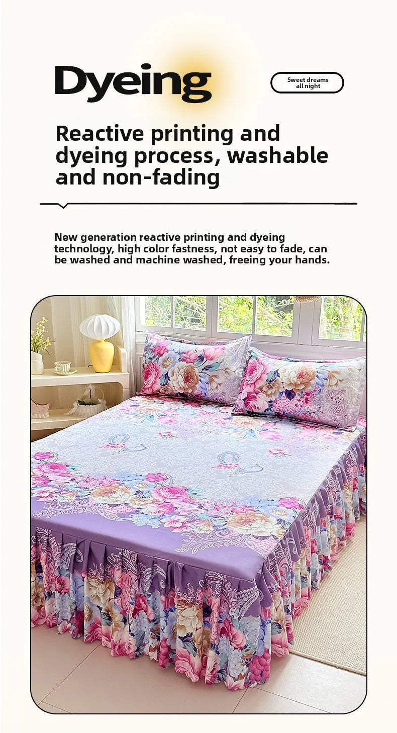 A purple floral print bed skirt and pillowcase set displayed on a bed.