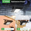 Outdoor light fixture shown in a rainy context and a snowy context, highlighting IPX65 rainstorm-proof and frost-resistant fe