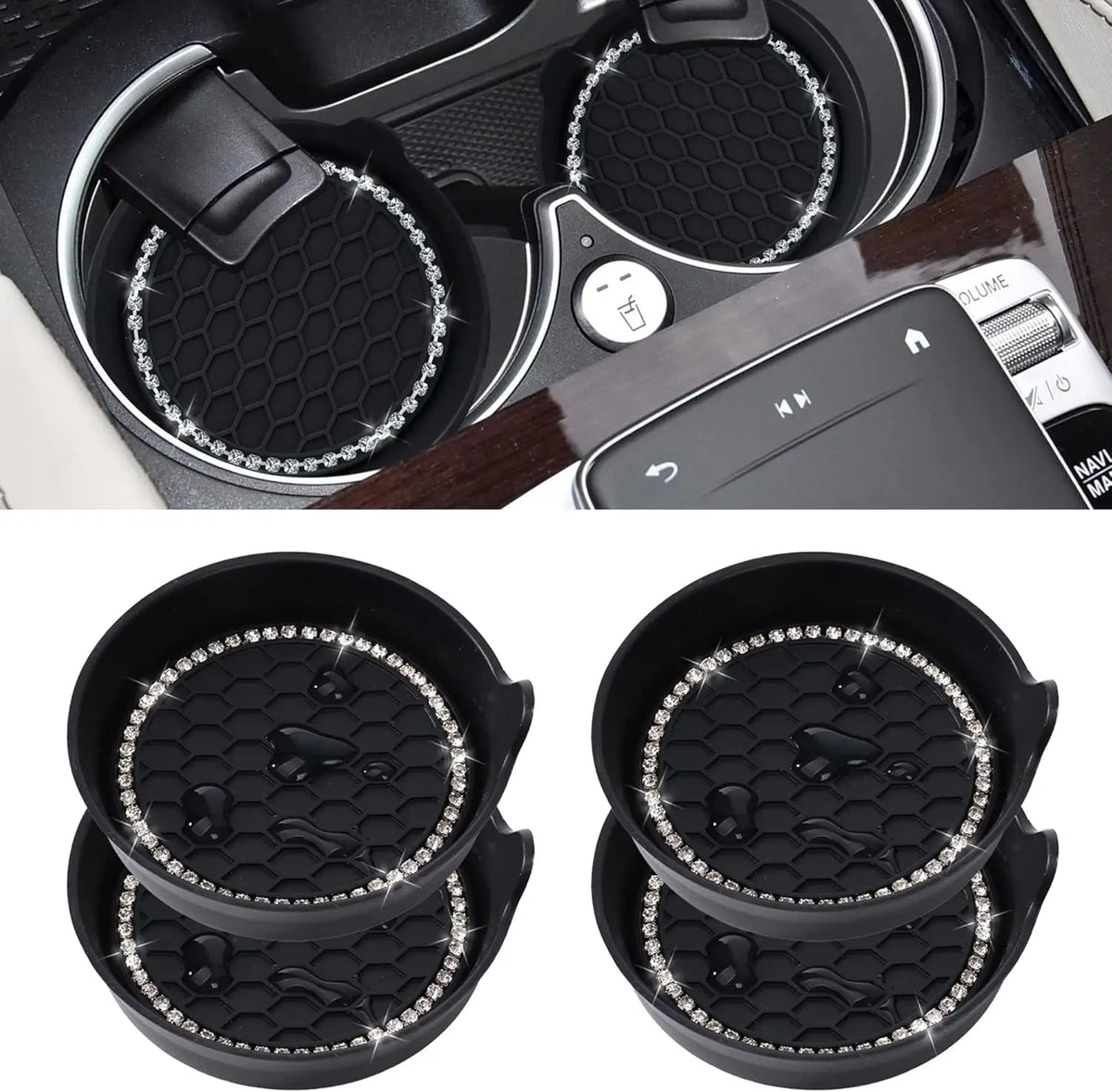 Set of black silicone car cup holder coasters with crystal rhinestone detailing