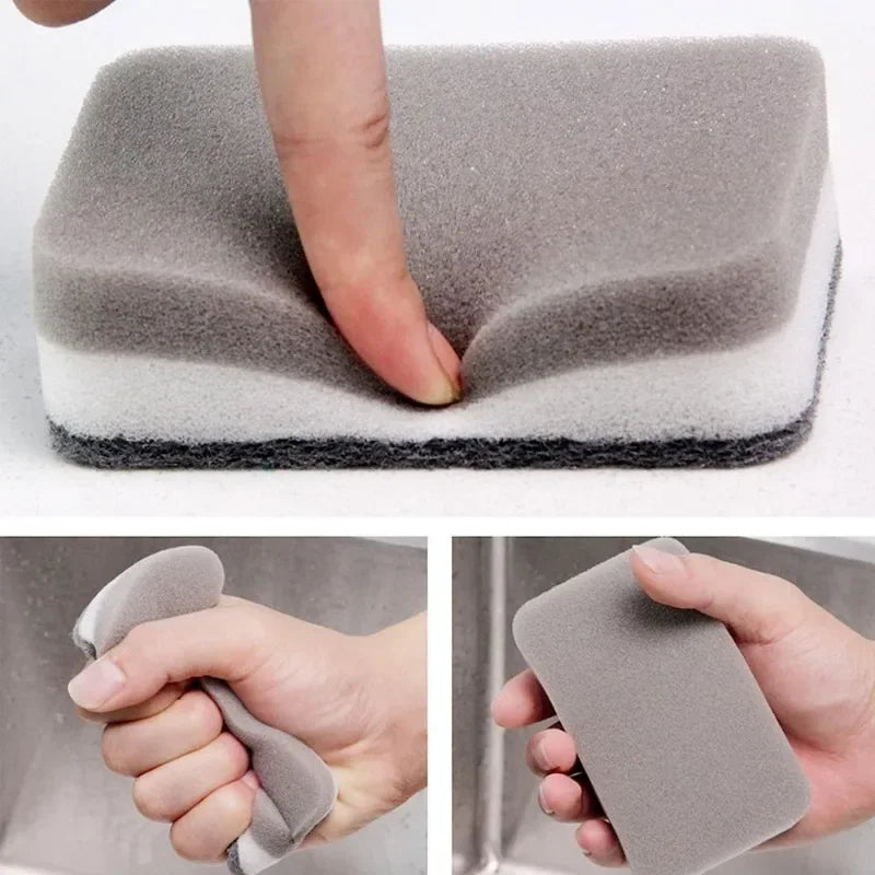 Hands demonstrate the use of reusable double-sided cleaning sponges for kitchen and home cleaning.