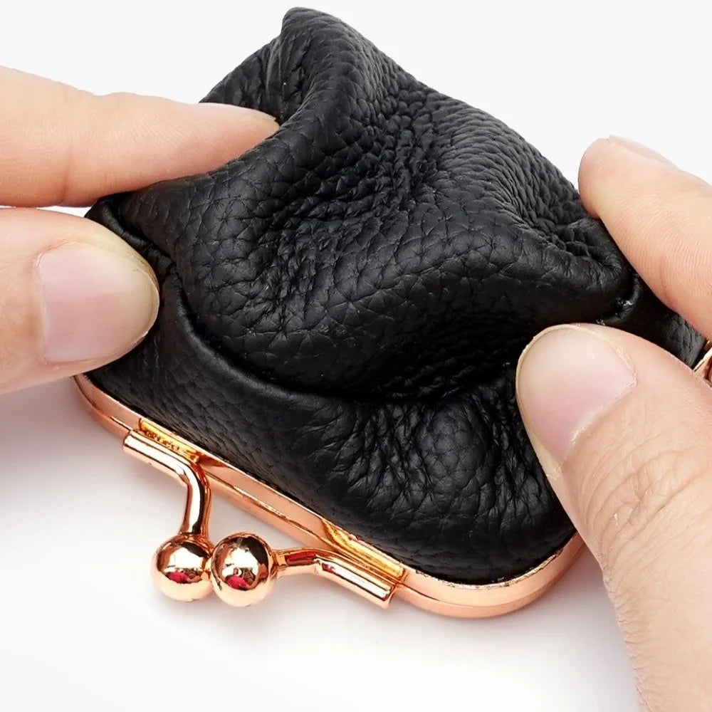 Genuine Leather Kiss Lock Coin Purse with Key Ring