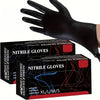 A hand wearing a black nitrile disposable glove is shown next to a box of nitrile gloves.