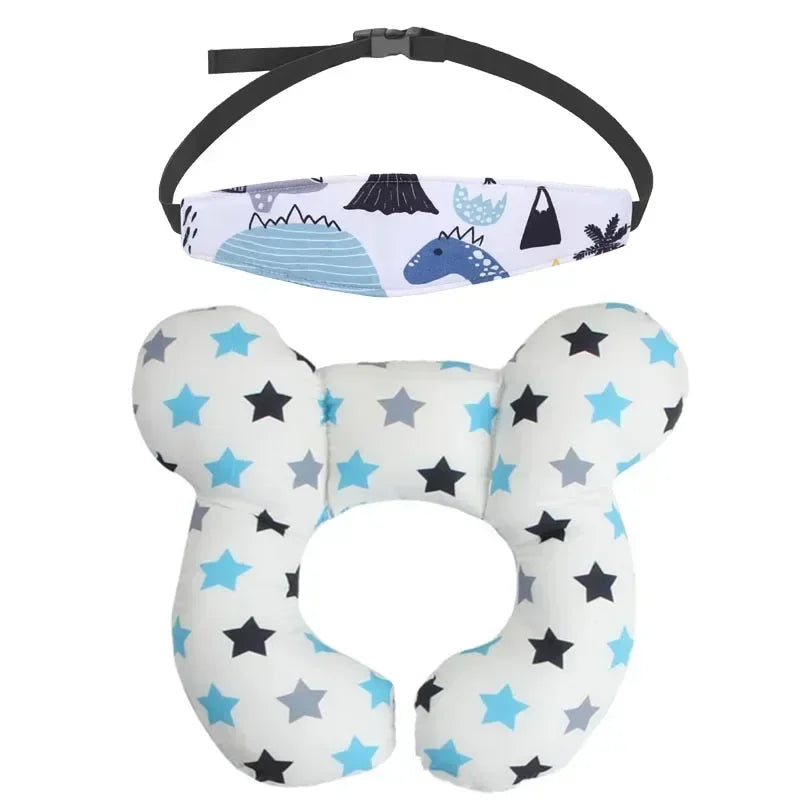 A white and blue baby head and neck support pillow with a safety strap and fabric cover.