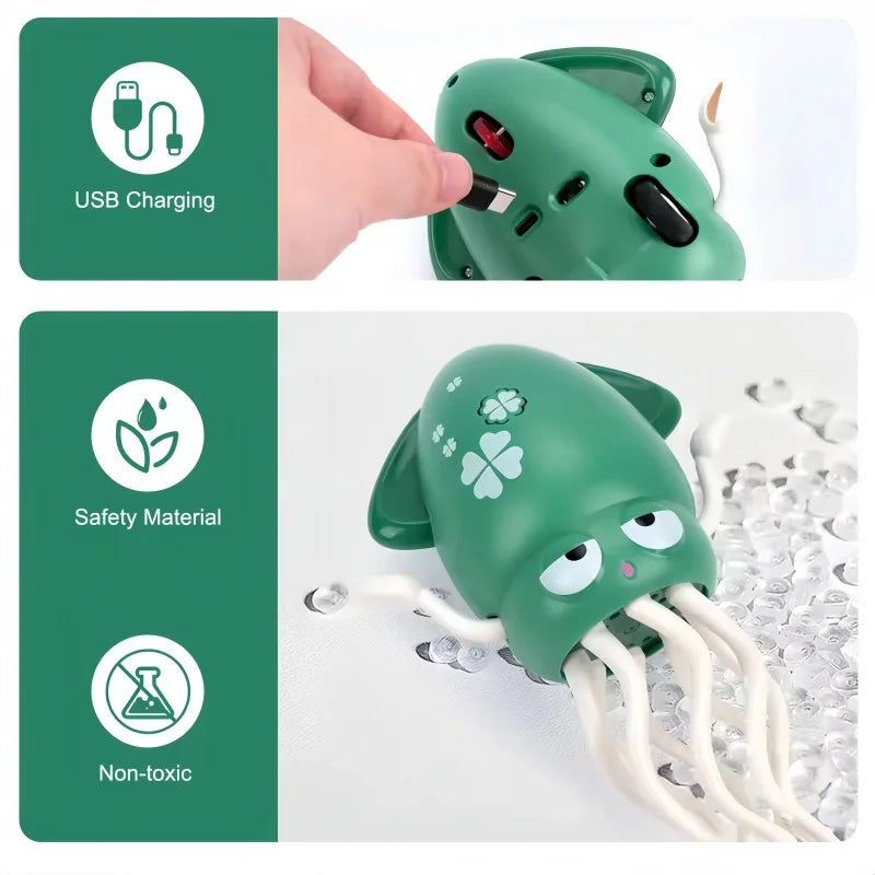 A green interactive musical dancing toy with a light show feature, showing USB charging and safety materials.
