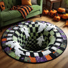 A round rug featuring a Halloween theme with white ghost skulls and autumn colors on a dark background.