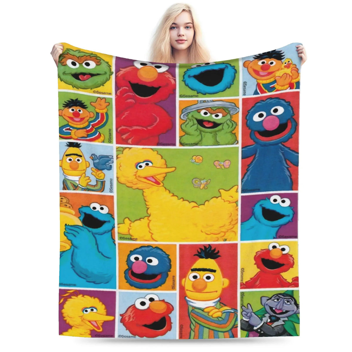 A colorful flannel throw blanket featuring characters from Sesame Street and Friends.