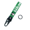 Green strap keychain with a black clip and a circular ring, featuring text that reads FILL ME UP DARLING.