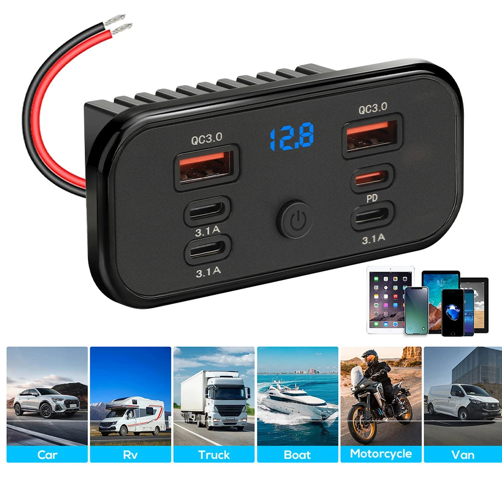 Black power adapter with four ports for fast charging devices including USB PD 3.0 and QC 3.0