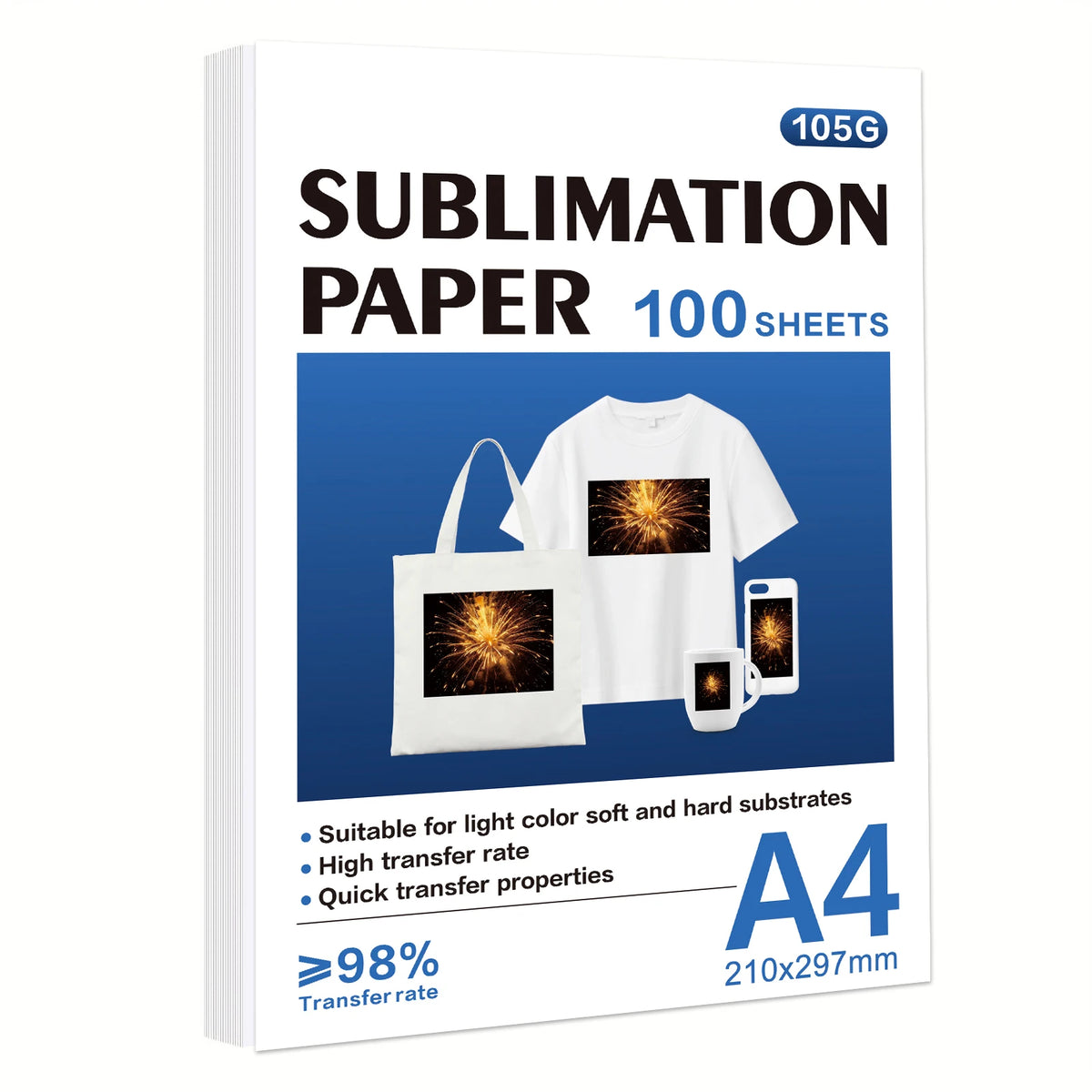 Pack of 100 sheets of A4 sublimation paper suitable for light color soft and hard substrates