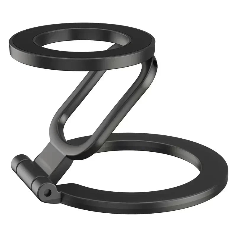Black magnetic phone ring holder and kickstand with 360 degree rotation.