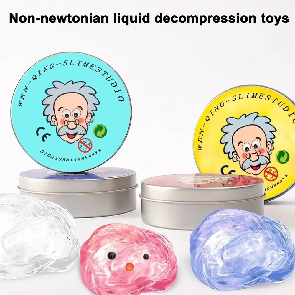 A set of non-newtonian liquid decompression toys including a clear putty in various colors and a storage tin.