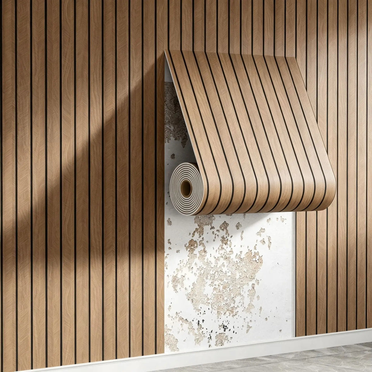 A roll of wood grain peel-and-stick wall tiles is partially unrolled against a vertical wooden slat wall.