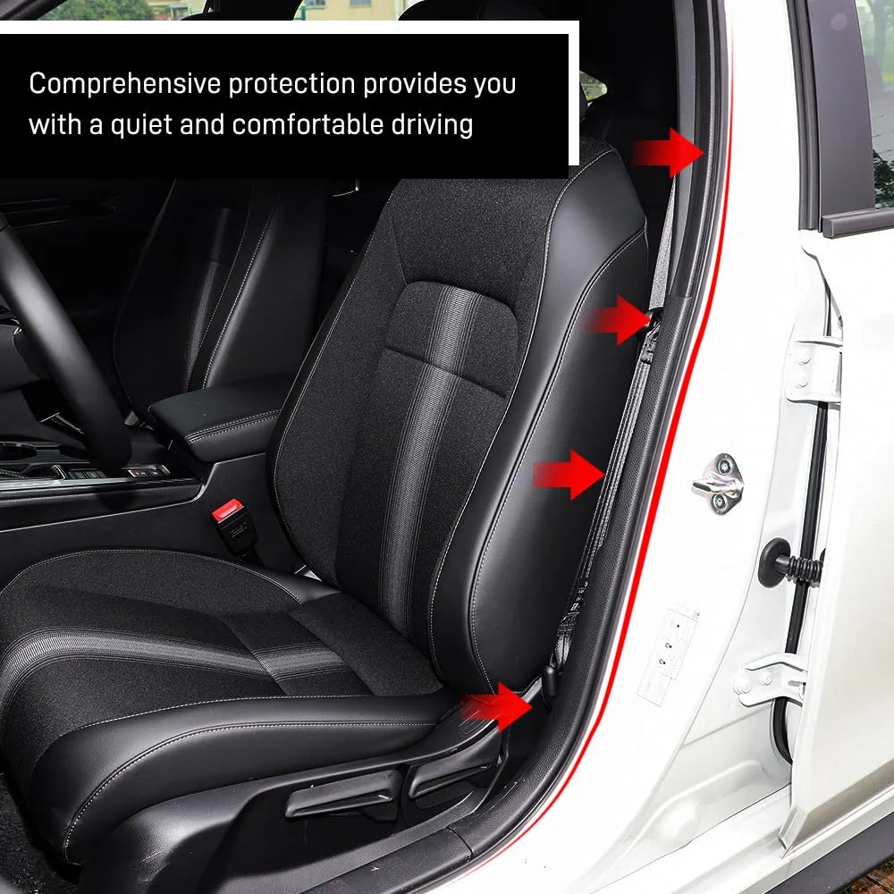 Close-up of a car door showing a rubber seal strip installed on the door frame for noise and dust reduction.