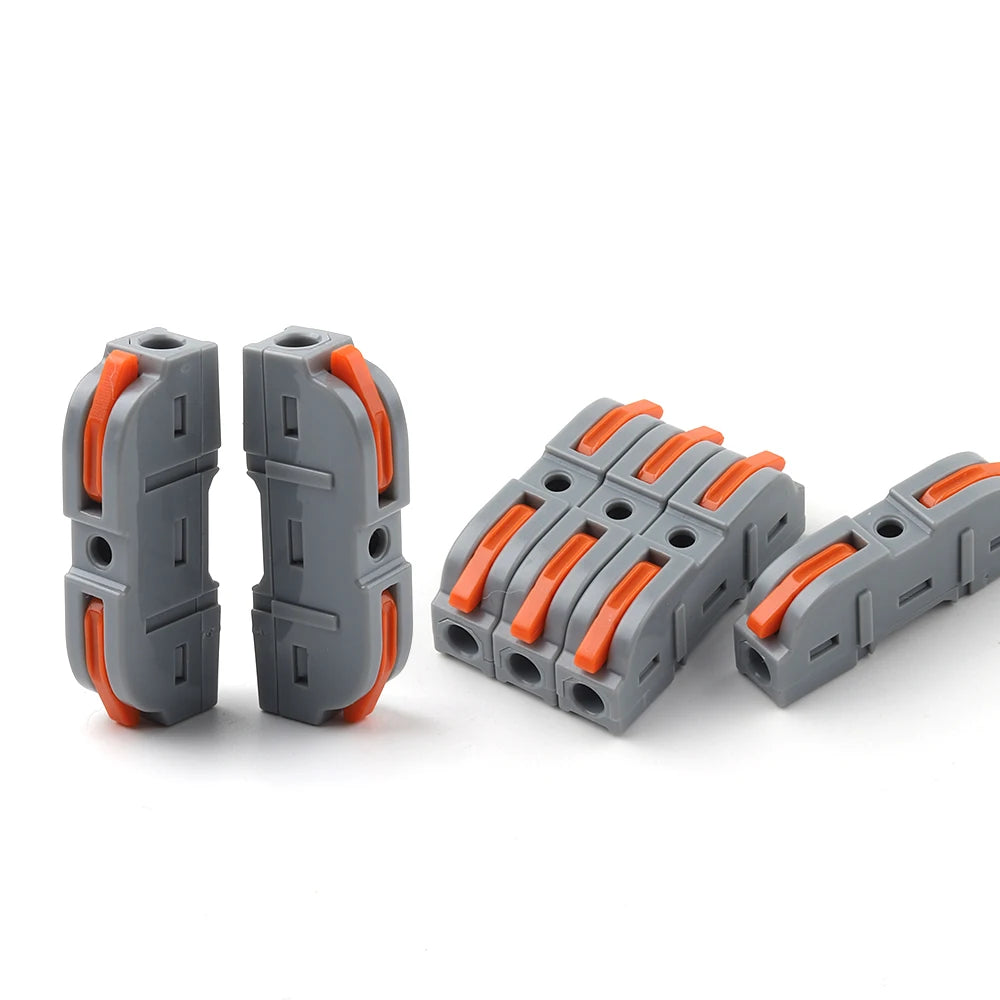 Three gray lever wire connectors with orange grips shown from the side and top view.