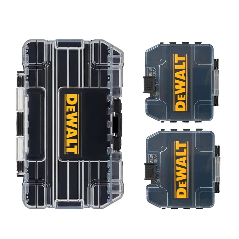 A set of three DEWALT TSTAK Mini Tough Tool cases in black and blue storage containers.