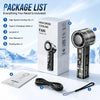 A package list showing components for a portable rechargeable handheld fan including the fan, charging cable, lanyard, user m
