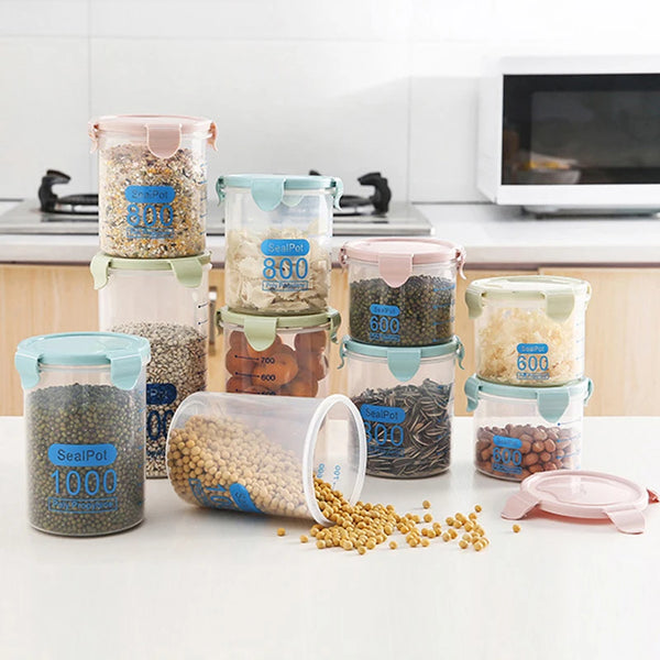 Colección de recipientes de almacenamiento de alimentos herméticos y transparentes con básculas integradas, llenos de granos 