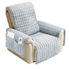 A light blue quilted waterproof non-slip recliner sofa cover with side pockets shown in a beige frame.