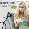 A woman holds a white cake on a plate while using a flexible gooseneck phone holder for 360 degree rotation.