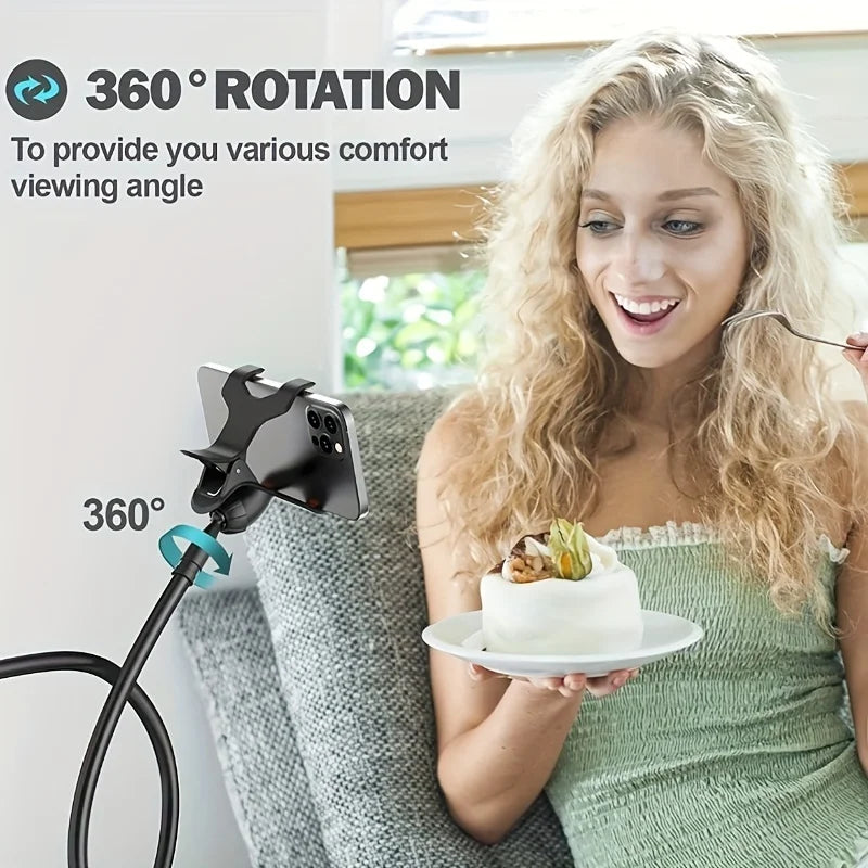 A woman holds a white cake on a plate while using a flexible gooseneck phone holder for 360 degree rotation.