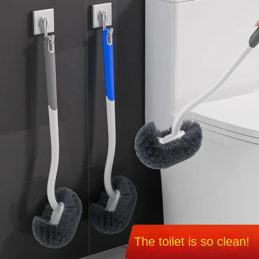 A toilet brush and stand set with a long handle and fuzzy brush cleaning the toilet bowl.