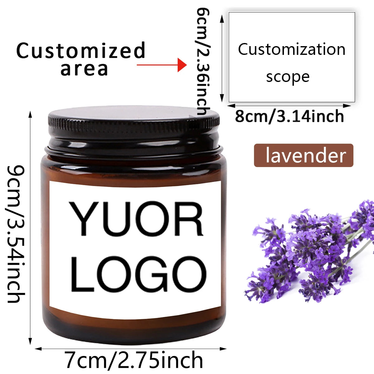 A brown glass jar candle with a white label featuring the text YOUR LOGO and a lavender scent.