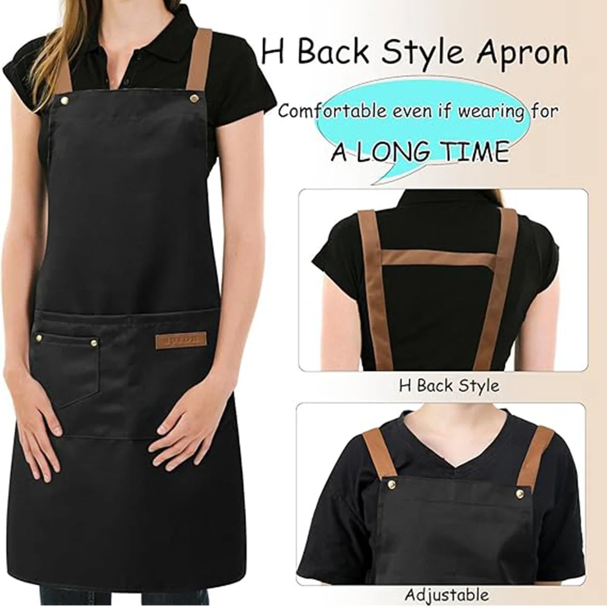 Black H Back Style Adjustable Polyester Kitchen Apron shown on a model.