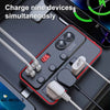 A portable car power inverter with dual AC outlets and four USB ports is shown charging nine devices simultaneously.