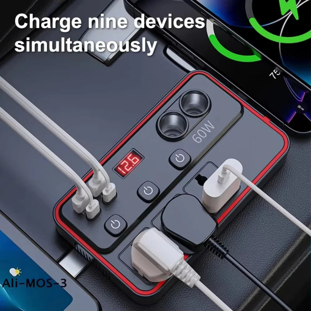 A portable car power inverter with dual AC outlets and four USB ports is shown charging nine devices simultaneously.