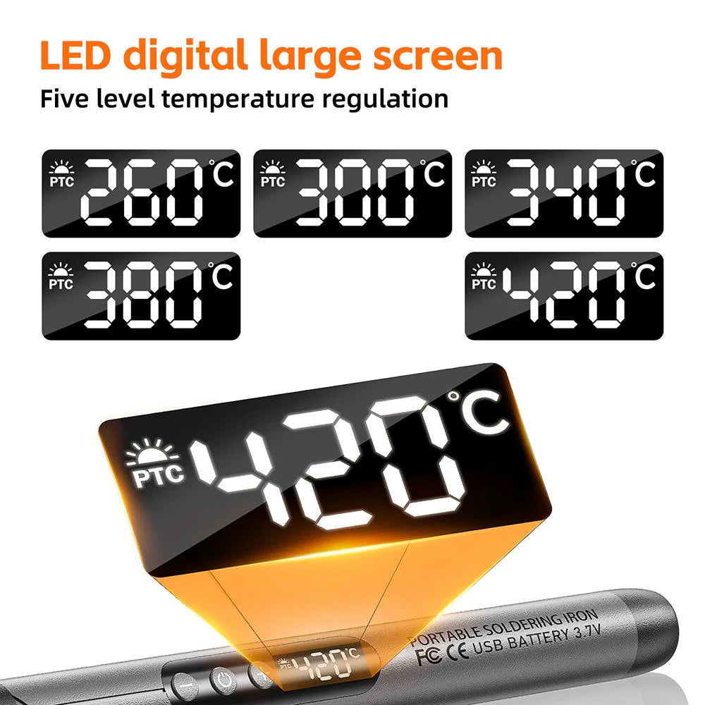 A portable soldering iron with an LED digital display showing 420 degrees Celsius.