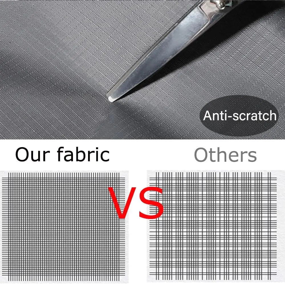 Close-up of a fabric surface showing an anti-scratch feature and a comparison between the product fabric and others.